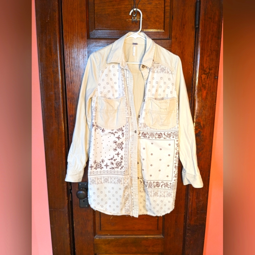 Free People Bandana Print Western Button Up Size Small White Cream Boho